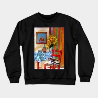 RUSTIC ITALIAN KITCHEN IN FLORENCE Cat,Sunflowers and Wine Crewneck Sweatshirt